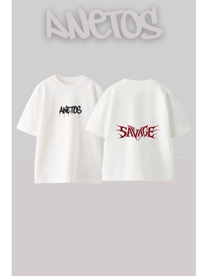 Anetos Savage Word Tasarım Sırt Baskılı Pamuk Beyaz Oversize T-Shirt