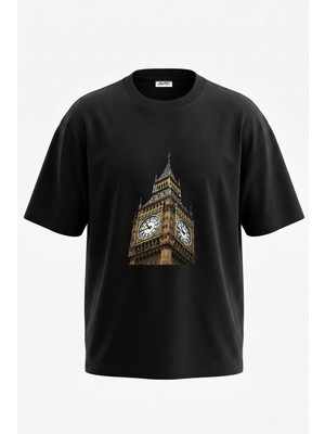 Anetos Big Ben Tasarım Sırt Baskılı Pamuk Siyah Oversize T-Shirt