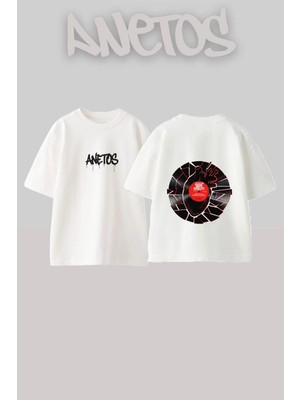 Anetos Broken Record Tasarım Sırt Baskılı Pamuk Beyaz Oversize T-Shirt