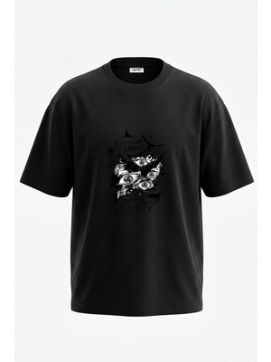 Anetos Itachi Sharingan Tasarım Sırt Baskılı Pamuk Siyah Oversize T-Shirt