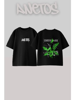 Anetos Linkin Park 2 Tasarım Sırt Baskılı Pamuk Siyah Oversize T-Shirt