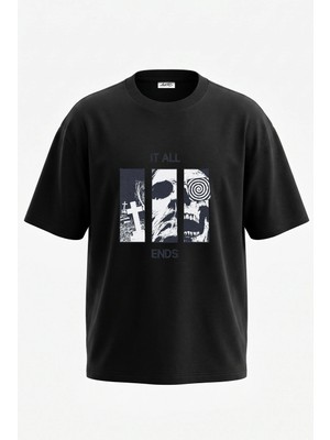Anetos Kuru Kafa Mezarlik Tasarım Sırt Baskılı Pamuk Siyah Oversize T-Shirt