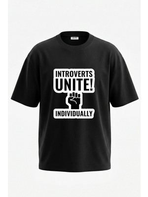 Anetos Introverts Unite Tasarım Sırt Baskılı Pamuk Siyah Oversize T-Shirt