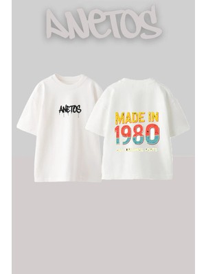 Anetos Made 1980 Tasarım Sırt Baskılı Pamuk Beyaz Oversize T-Shirt