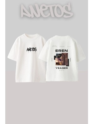 Anetos Eren Yeager Tasarım Sırt Baskılı Pamuk Beyaz Oversize T-Shirt
