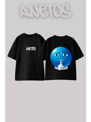Anetos Blue Shush Tasarım Sırt Baskılı Pamuk Siyah Oversize T-Shirt