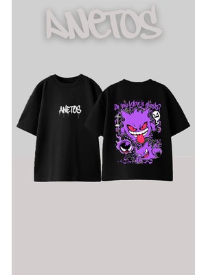Anetos Gengar Gang Tasarım Sırt Baskılı Pamuk Siyah Oversize T-Shirt