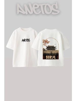Anetos Seoul Palace Tasarım Sırt Baskılı Pamuk Beyaz Oversize T-Shirt