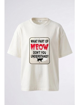 Anetos Meow Kedi_1 Tasarım Sırt Baskılı Pamuk Beyaz Oversize T-Shirt