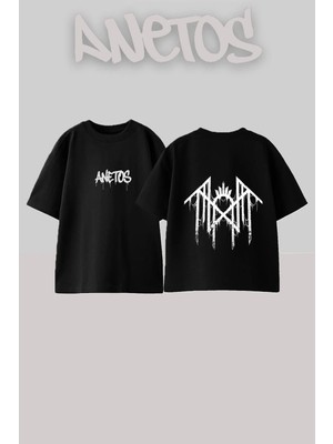 Anetos Frost Emblem Tasarım Sırt Baskılı Pamuk Siyah Oversize T-Shirt