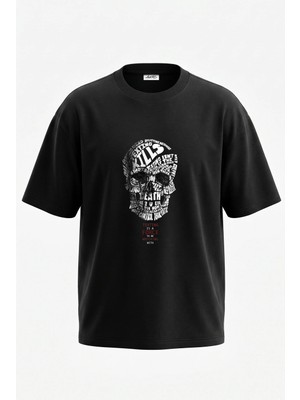 Anetos Text Skull_1 Tasarım Sırt Baskılı Pamuk Siyah Oversize T-Shirt