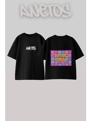 Anetos Hours Later Tasarım Sırt Baskılı Pamuk Siyah Oversize T-Shirt
