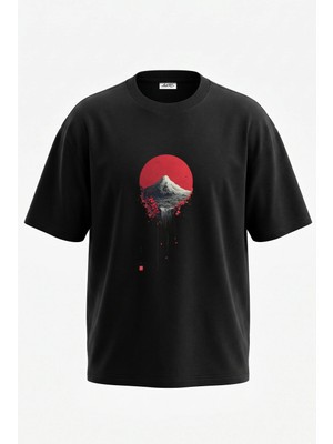 Anetos Fuji Sakura Tasarım Sırt Baskılı Pamuk Siyah Oversize T-Shirt