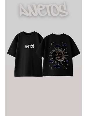 Anetos Sun Moon Tasarım Sırt Baskılı Pamuk Siyah Oversize T-Shirt