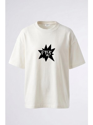 Anetos Fyck Aı Tasarım Sırt Baskılı Pamuk Beyaz Oversize T-Shirt