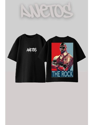 Anetos The Rock Tasarım Sırt Baskılı Pamuk Siyah Oversize T-Shirt