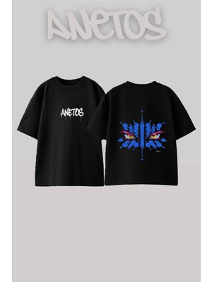 Anetos Masked Eyes Tasarım Sırt Baskılı Pamuk Siyah Oversize T-Shirt