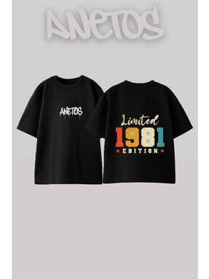 Anetos Limited 1981 Tasarım Sırt Baskılı Pamuk Siyah Oversize T-Shirt