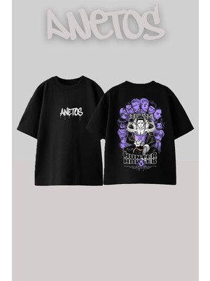 Anetos Hunter x Tasarım Sırt Baskılı Pamuk Siyah Oversize T-Shirt