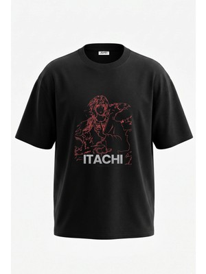 Anetos Itachi Tasarım Sırt Baskılı Pamuk Siyah Oversize T-Shirt