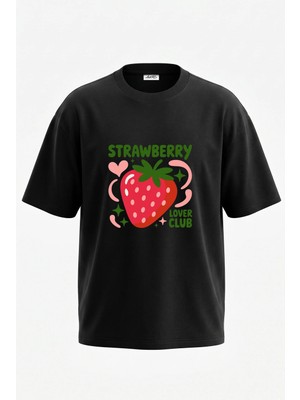 Anetos Strawberry Lover Club Tasarım Sırt Baskılı Pamuk Siyah Oversize T-Shirt