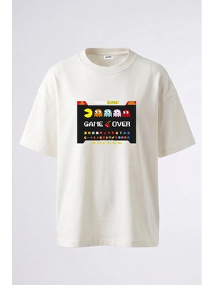 Anetos Pac Man Game Tasarım Sırt Baskılı Pamuk Beyaz Oversize T-Shirt