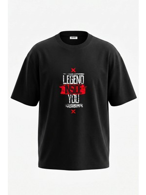 Anetos Legend Red Grunge Tasarım Sırt Baskılı Pamuk Siyah Oversize T-Shirt