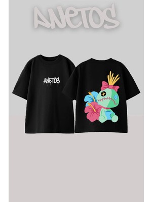 Anetos Lilo Scrump Tasarım Sırt Baskılı Pamuk Siyah Oversize T-Shirt