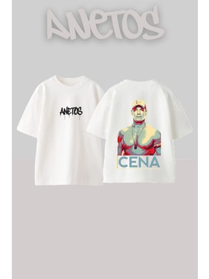 Anetos John Cena Tasarım Sırt Baskılı Pamuk Beyaz Oversize T-Shirt
