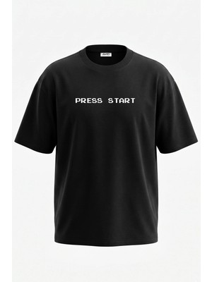 Anetos Press Start Tasarım Sırt Baskılı Pamuk Siyah Oversize T-Shirt
