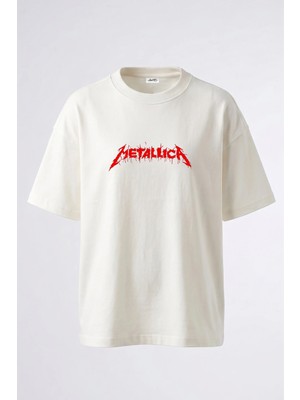 Anetos Metallica Logo Tasarım Sırt Baskılı Pamuk Beyaz Oversize T-Shirt