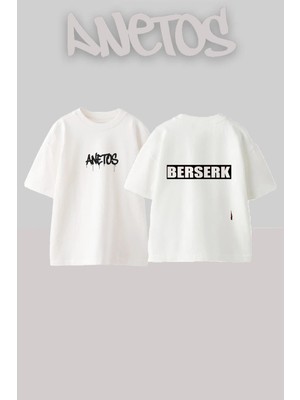 Anetos Berserk Logo Tasarım Sırt Baskılı Pamuk Beyaz Oversize T-Shirt