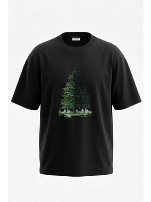 Anetos Orman Yazi Tasarım Sırt Baskılı Pamuk Siyah Oversize T-Shirt
