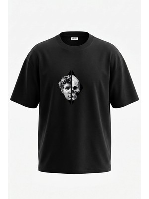 Anetos Statue Skull Tasarım Sırt Baskılı Pamuk Siyah Oversize T-Shirt