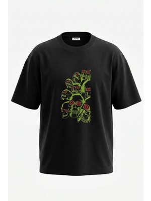 Anetos Psychedelic Skulls Tasarım Sırt Baskılı Pamuk Siyah Oversize T-Shirt
