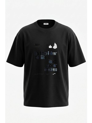 Anetos Blur Typography Tasarım Sırt Baskılı Pamuk Siyah Oversize T-Shirt