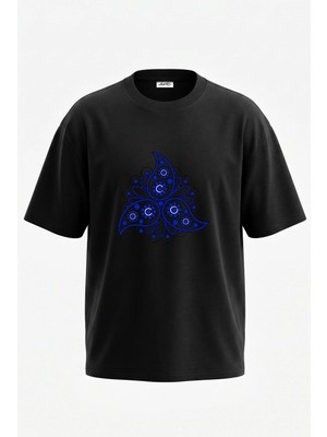 Anetos Paisley Motif Tasarım Sırt Baskılı Pamuk Siyah Oversize T-Shirt
