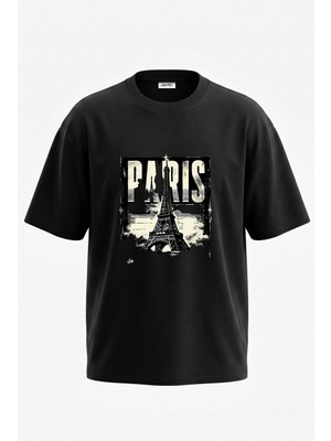 Anetos Paris Eiffel Tasarım Sırt Baskılı Pamuk Siyah Oversize T-Shirt