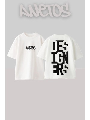 Anetos Designers Typography Tasarım Sırt Baskılı Pamuk Beyaz Oversize T-Shirt