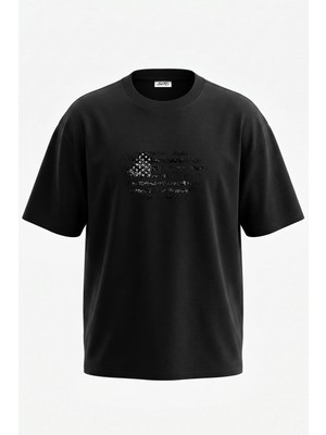 Anetos Amerikan Distres Tasarım Sırt Baskılı Pamuk Siyah Oversize T-Shirt