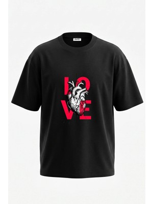 Anetos Anatomical Heart Love Tasarım Sırt Baskılı Pamuk Siyah Oversize T-Shirt