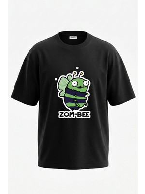 Anetos Zom Bee Tasarım Sırt Baskılı Pamuk Siyah Oversize T-Shirt