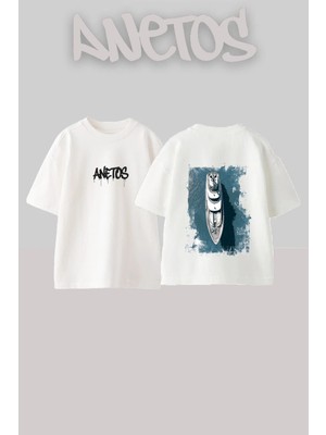 Anetos Luxury Yacht Tasarım Sırt Baskılı Pamuk Beyaz Oversize T-Shirt