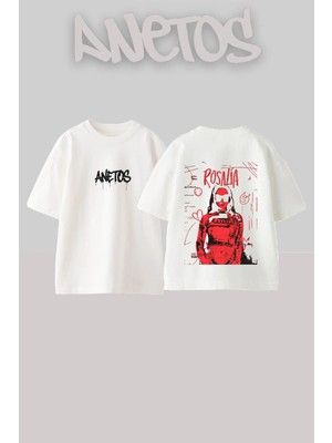 Anetos Rosalia Singer Tasarım Sırt Baskılı Pamuk Beyaz Oversize T-Shirt