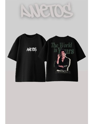 Anetos Tony Montana The World Is Yours Streetwear Tarz Sırt Baskılı Pamuklu Siyah Oversize T-Shirt