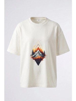 Anetos Geometrik Dag Tasarım Sırt Baskılı Pamuk Beyaz Oversize T-Shirt