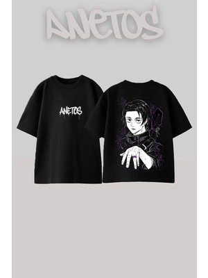 Anetos Yuta Okkostu Tasarım Sırt Baskılı Pamuk Siyah Oversize T-Shirt