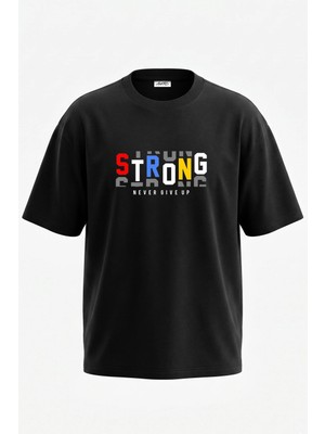 Anetos Strong Motivation Tasarım Sırt Baskılı Pamuk Siyah Oversize T-Shirt
