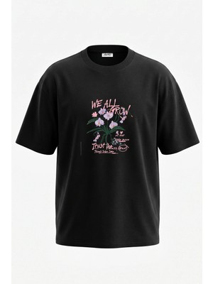 Anetos Orkide Desen Tasarım Sırt Baskılı Pamuk Siyah Oversize T-Shirt