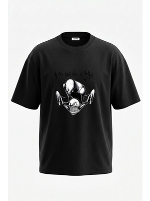 Anetos Canavar Gulumseme Tasarım Sırt Baskılı Pamuk Siyah Oversize T-Shirt